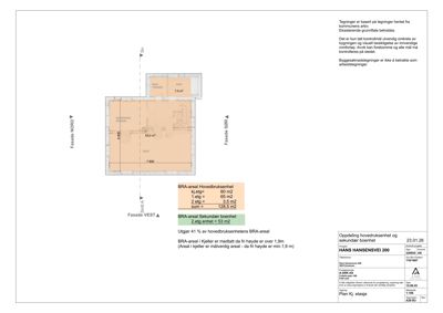 Etasjeplan (1. etasje) med romfordeling, mål og arealoppsett for en bolig.