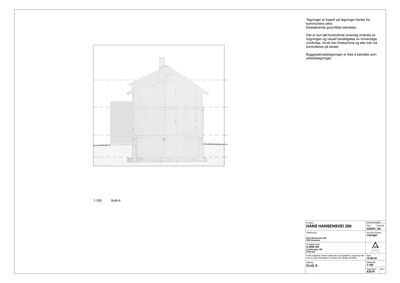 Snittegning (Snitt A) som viser bygningens tverrsnitt, høyder og konstruksjon.