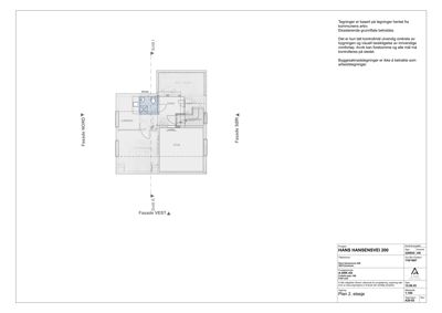 Etasjeplan (Plan 2. etasje) som viser romfordeling, vegger og orientering (NORD, SØR, VEST, ØST).