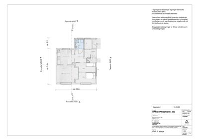 Etasjeplan (Plan 1. etasje) med romfordeling, dimensjoner og fasaderetning.