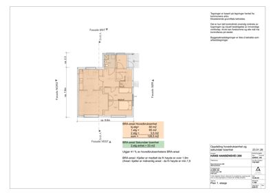 Etasjeplan (1. etasje) for en bolig med oppgitt arealer og romfordeling.