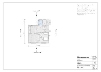 Etasjeplan (Plan 1. etasje) som viser romfordeling, dører, vinduer og fasader for en bolig.