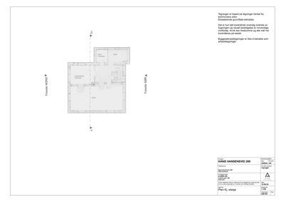 Etasjeplan (Plan Kj) som viser romfordeling, vegg og orientering for en bygning.