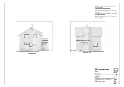 Fasadetegning som viser bygningens utseende fra sør og øst.