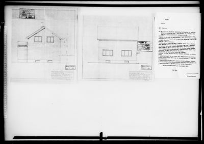 Bildet viser en tegning med to fasadeoppsett for en bygning, med tilhørende tekstbeskrivelse og stampler.