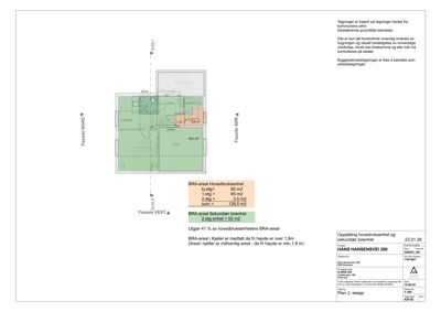 Etasjeplan (Plan 2. etasje) med romfordeling, fasaderetning og arealopplysninger.