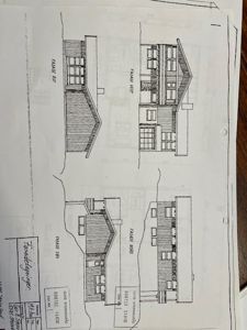 Fasadetegning som viser bygningens utseende fra fire ulike vinkler (Sør, Vest, Nord og Øst).