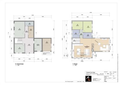 Plantegning som viser romfordeling og dimensjoner for 0. Underetasje og 1. Etasje.