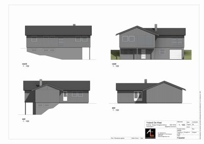 Fasadetegning som viser bygningens utseende fra fire sider (nord, vest, sør, øst) med skala 1:100.