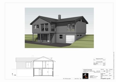 Bildet viser en tegning som inneholder både en 3D-visualisering (rendering) av huset og en snittegning (A-A) nedenfor. Det er også en tegningsliste med opplysninger om byggearealet og brukt areal.