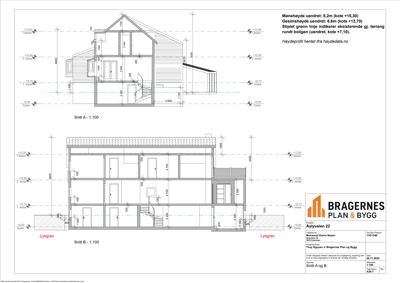 Bildet viser to snittegninger (Snitt A og Snitt B) av en bolig, som illustrerer bygningens tverrsnitt, høyder og romfordeling.
