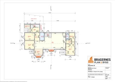 Etasjeplan (1. etasje) som viser romfordeling, mål og funksjoner i en bolig.