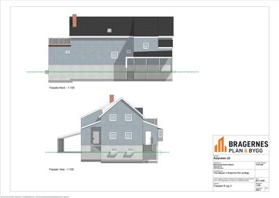 Fasadetegning som viser bygningens utseende sett fra nord og vest.