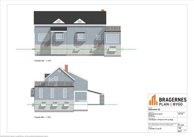 Fasadetegning som viser bygningens utseende fra to sider (Sør og Øst).