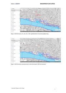 Bildet viser to kart som illustrerer NVE flomsonekart. De viser et område med en elv og overlappende flomsonezoner (10-, 20-, 50-, 100- og 200-årsflom) i forhold til eiendomsgrenser.