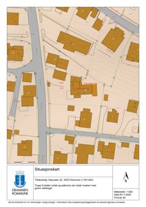 Situasjonskart som viser tomtens plassering i forhold til nabolag, veier og andre bygninger.