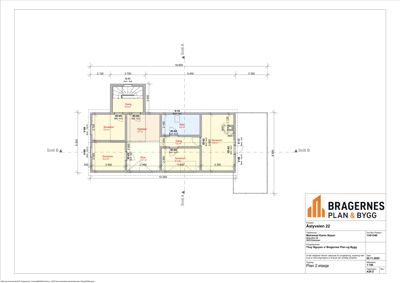 Etasjeplan (Plan 2. etasje) som viser romfordeling, stuer, soverom og bad med mål.