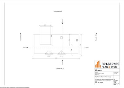 Etasjeplan (tak etasje) med romfordeling, fasader og snittlinjer