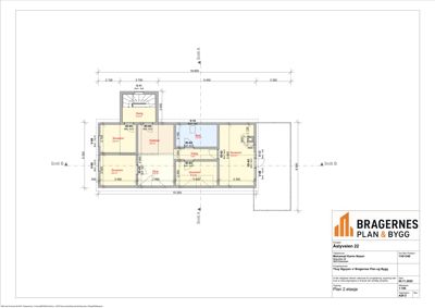 Etasjeplan (Plan 2. etasje) som viser romfordeling, mål og funksjoner i et hus.