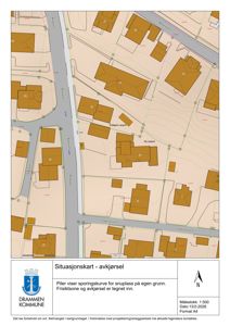 Situasjonskart som viser tomt, bygninger, veier og avgjørelser for snuplass.