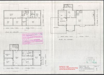Bildet viser etasjeplaner (keller, 1. etasje og 2. etasje) for en bolig, med romnavn og mål.