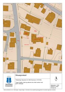 Situasjonskart som viser tomtens beliggenhet i forhold til nabolag, veier og eiendomsgrenser.
