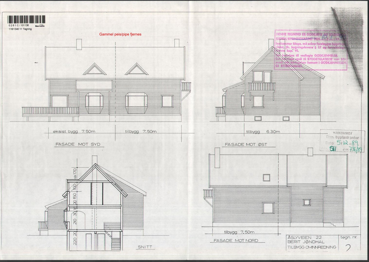 Bildet viser fasadetegninger for en bygning, inkludert utsikt fra syd, øst og nord, samt et snitt.