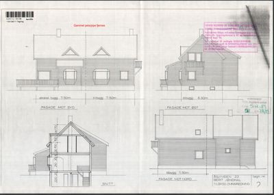 Bildet viser fasadetegninger for en bygning, inkludert utsikt fra syd, øst og nord, samt et snitt.
