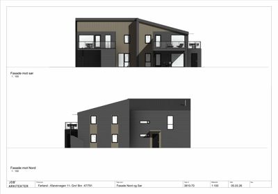 Fasadetegning som viser bygningens utseende sett fra nord og sør.