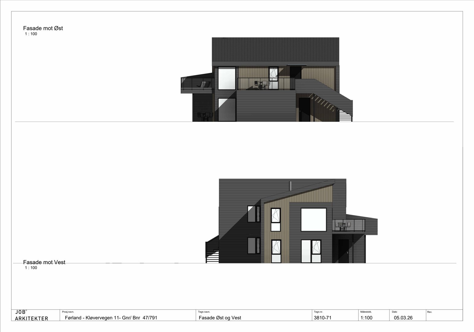 Fasadeopprikk for en bygning, som viser utsiden sett fra øst og vest.