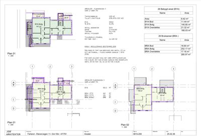 Etasjeplaner (Plan 01 og Plan 02) som viser romfordeling, arealer og bygningens plassering på tomt.