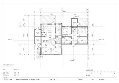 Etasjeplan (1. etasje) som viser romfordeling, dimensjoner og arealoppdeling for en bolig.