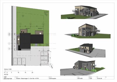 Situasjonsplan (Utomhusplan) som viser bygningens plassering på tomten, tilstøtende eiendommer, og parkeringsplasser.
