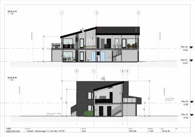 Snittegning (Snitt A-A og Snitt B-B) som viser bygningens tverrsnitt, høyder, romfordeling og konstruksjon.
