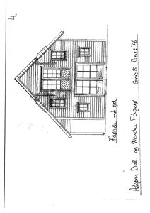 Håndtegnet fasadeopprikk av en hytte sett fra sør (med sol), med vindus- og takbeskrivelse.
