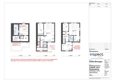 Tegning som viser romfordeling for U. etasje, 1. etasje og 2. etasje med arealopplysninger og tegningsinformasjon på høyre side.