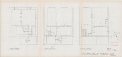 Bildet viser tre etasjeplaner (plan kjeller, plan 1. etasje, plan 2. etasje) med romfordeling, dører og trapper.
