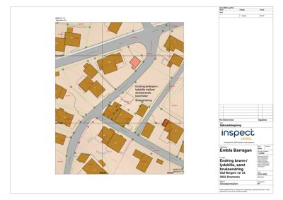 Situasjonsplan som viser eiendomsforhold, vegnett og plassering av bygninger i området Olaf Bergers vei 34.