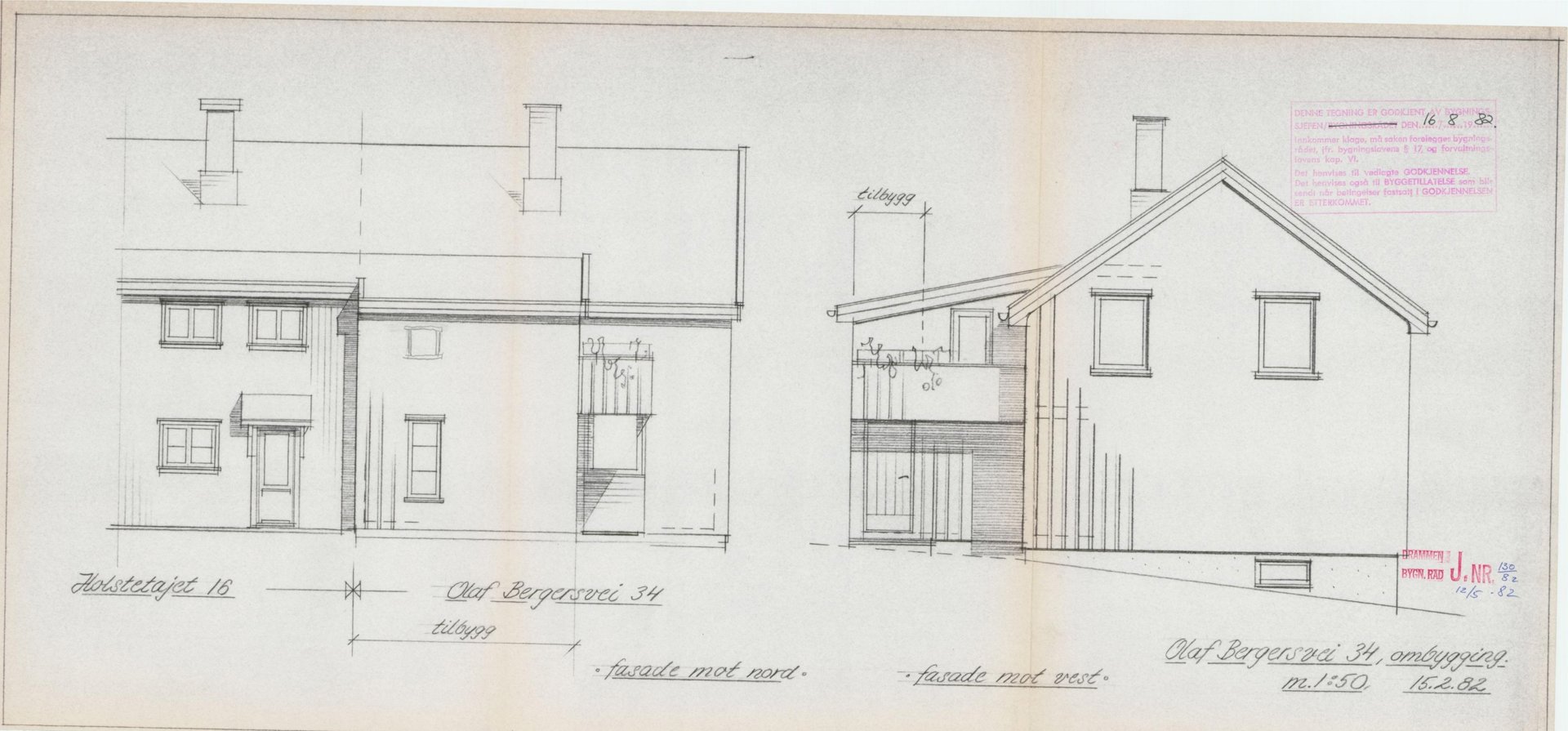 Fasadetegning av en bygning sett fra to vinkler (mot nord og vest).