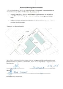 Et situasjonskart som viser eiendomsgrenser (gnr 112/535 og 112/334) og plassering av en garasje i forhold til grensene.
