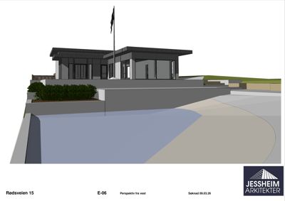 3D-visualisering (rendering) av en bygning sett fra vest, inkludert omgivelser som terreng, vei og beplantning.