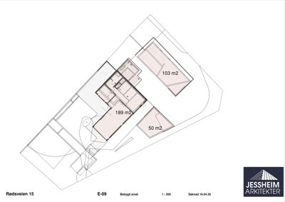 Etasjeplan (bebyggelsesplan) som viser romfordeling og arealoppdelinger (189 m2, 103 m2, 50 m2) for Rødsveien 15.
