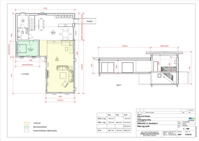 Etasjeplan for 1. etasje med romfordeling, mål og en tilhørende snittegning.