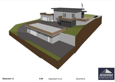3D-visualisering (rendering) av en bolig og garasjeanlegg sett fra nord (fugleperspektiv).