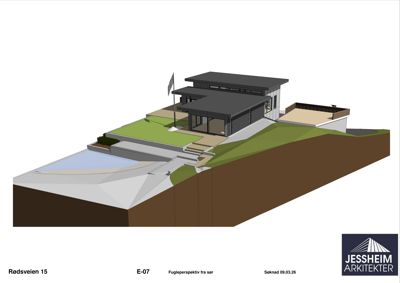 3D-visualisering (rendering) av en bygning sett fra sør (Fugleperspektiv fra sør), inkludert terrengform, hage og tilhørende infrastruktur.