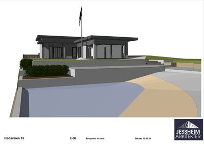 3D-visualisering (rendering) av en bygning sett fra vest, inkludert omgivelser som terreng, beplantning og vei.