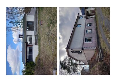 Fotografi av en toetasjes bolig sett fra siden og bak, med omgivende natur og himmel.