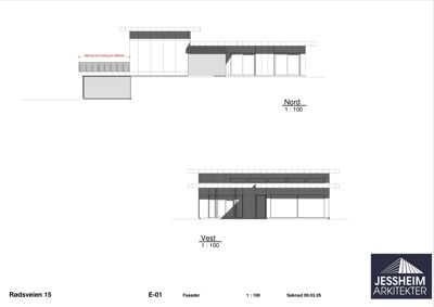 Fasadetegning som viser bygningens utsyn mot nord og vest med detaljer om materialer og inngang.
