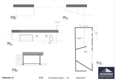 Fasadetegning og snitt for en garasje med oppgitt mål og detaljer.