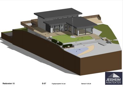 3D-visualisering (rendering) av en bygning sett fra et fugleperspektiv (fra øst). Bildet viser fasade, terrengform, og omgivelser.